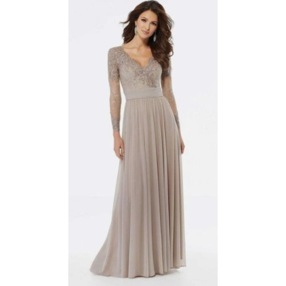 Taupe Mother of Bride/Groom Long Sleeve Beaded Embroidered V Neck MGNY 72118